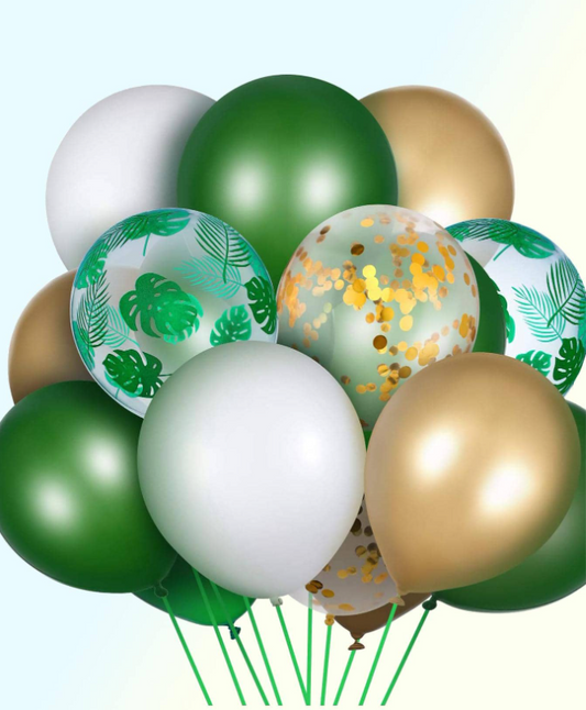 Jungle, groen, goud, wit & confetti ballonnen - 16 stuks